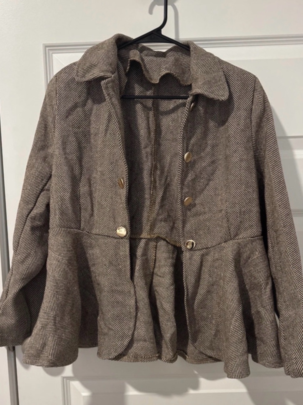 Brown Herringbone Peplum Blazer with Gold Buttons